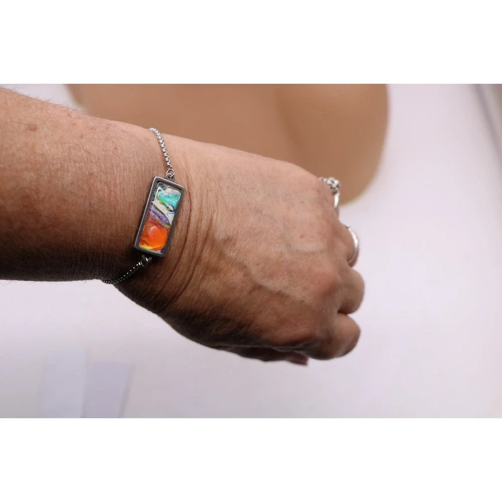 Handmade Slider Bracelet-Paint Drips-Stainless Steel-Glass-Adjustable